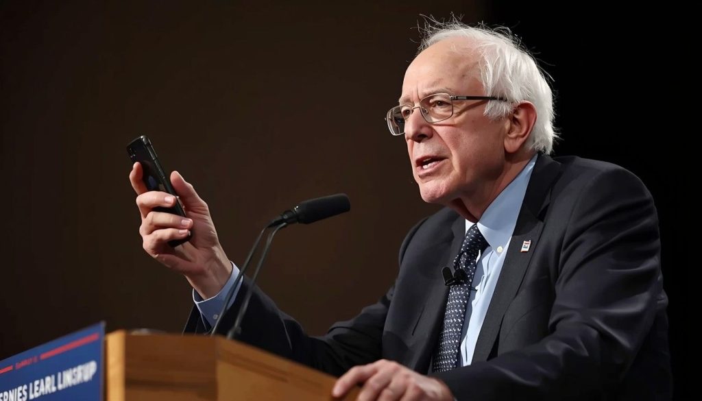 Bernie Sanders AI Technology showing Bernie Sanders using modern AI tools, smart devices, and digital technology in a professional workspace