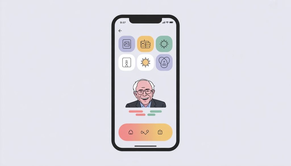 Bernie Sanders AI Technology showing Bernie Sanders using modern AI tools, smart devices, and digital technology in a professional workspace