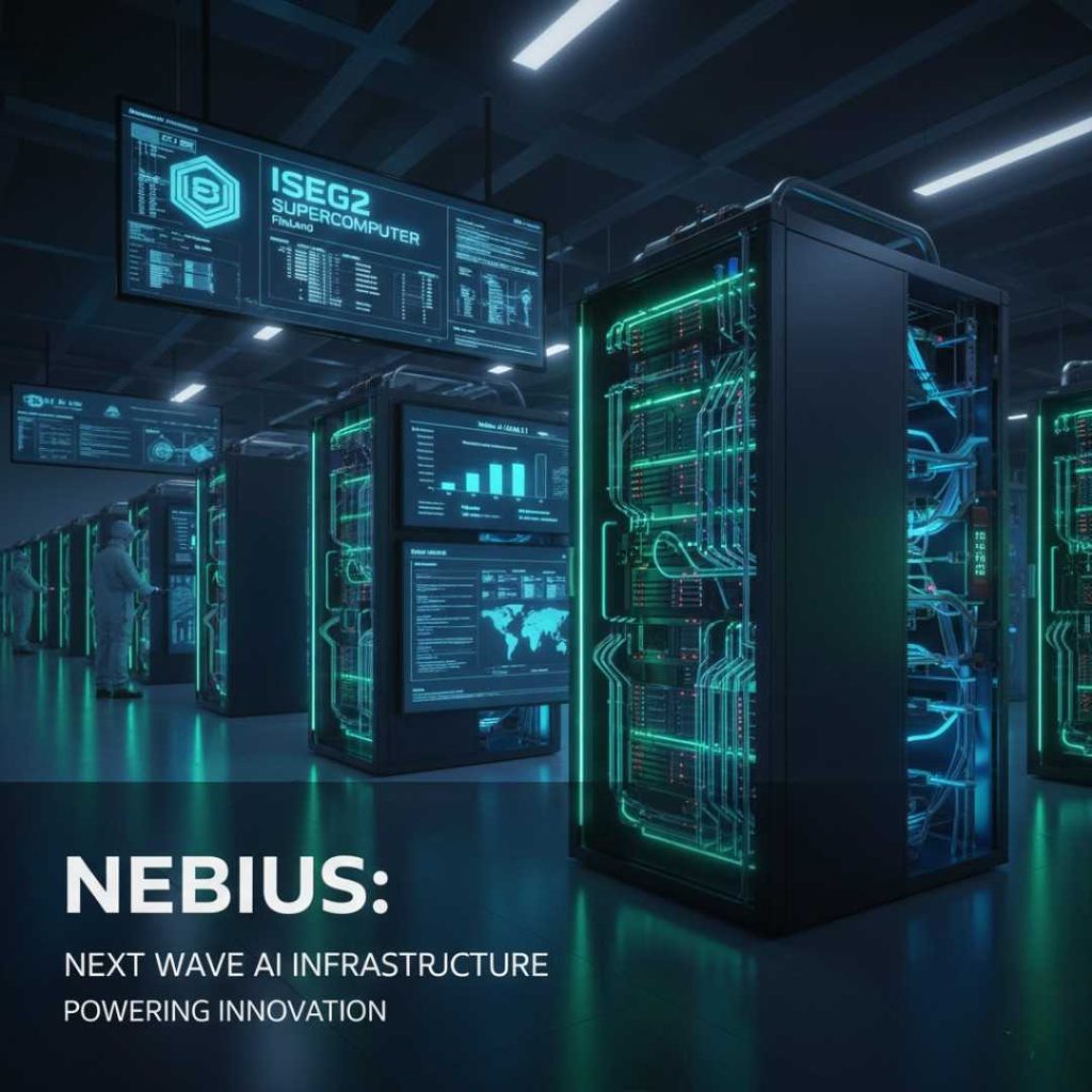 Illustration of Nebius in the next wave of AI showing advanced AI networks and futuristic technology.