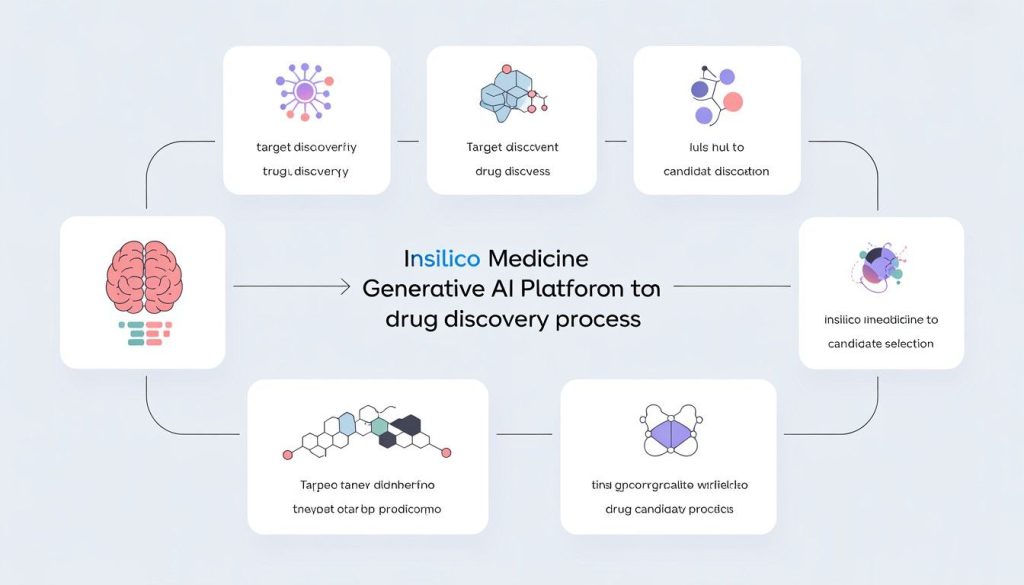Illustration of the Insilico Medicine Generative AI Platform showing AI-driven drug discovery and futuristic research capabilities.