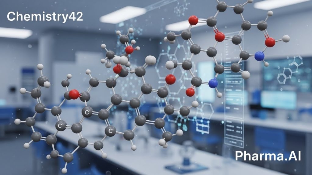 Illustration of the Insilico Medicine Generative AI Platform showing AI-driven drug discovery and futuristic research capabilities.
