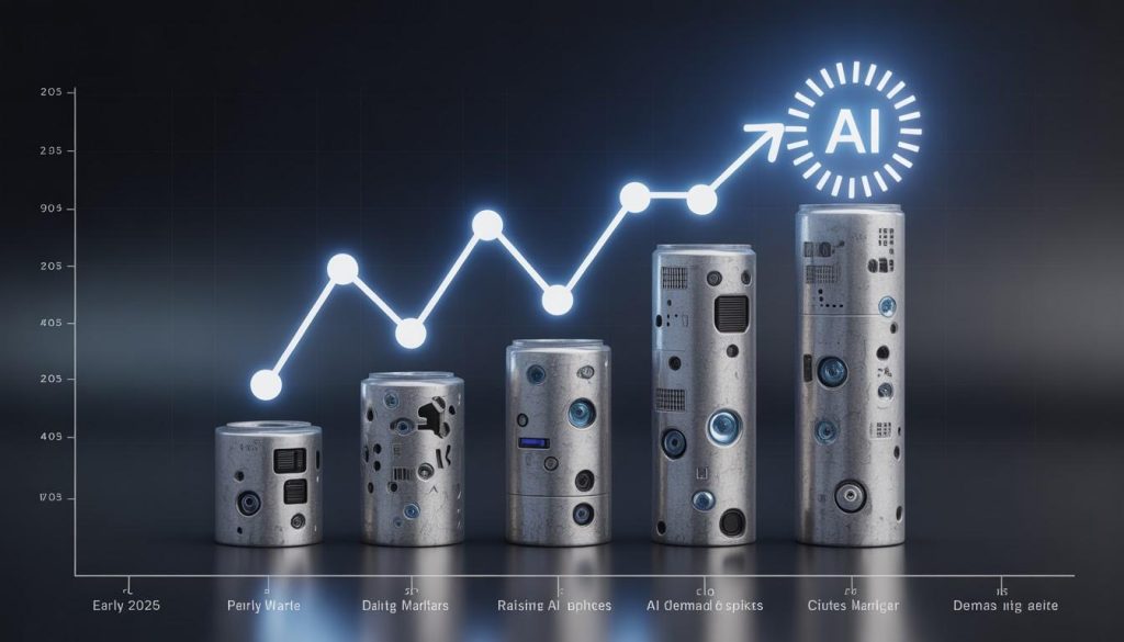 Illustration showing rising silver prices and AI hardware costs, including silver ingots, computer chips, and GPUs in a futuristic data center setup.