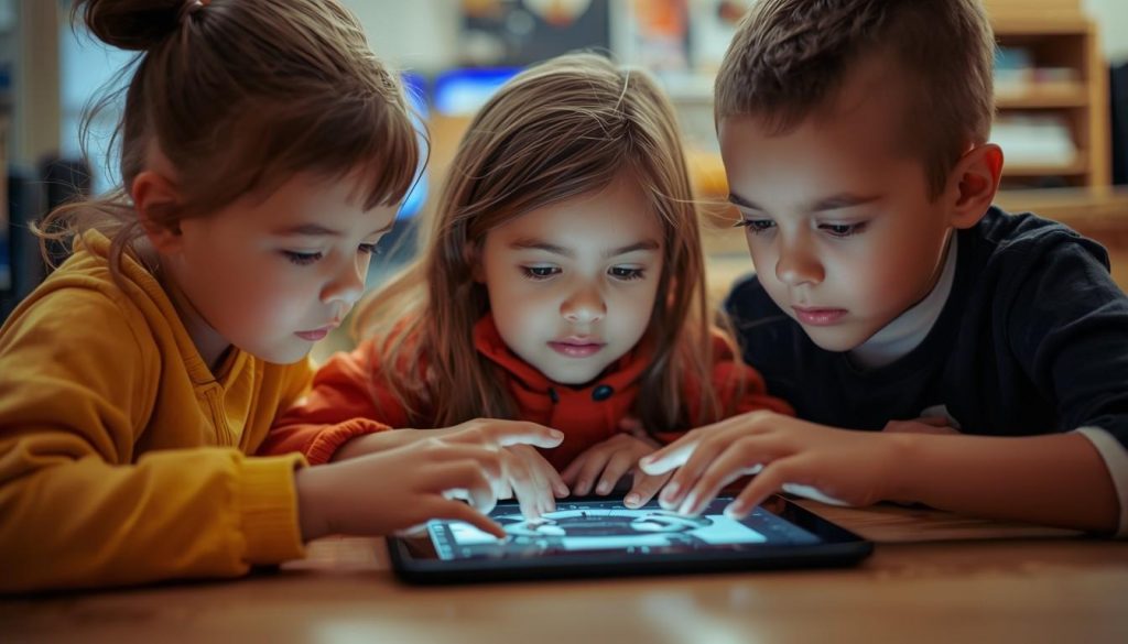 Youth tips to teach children computers and AI 2026 shown by young mentors guiding kids using laptops and AI learning tools in a modern classroom