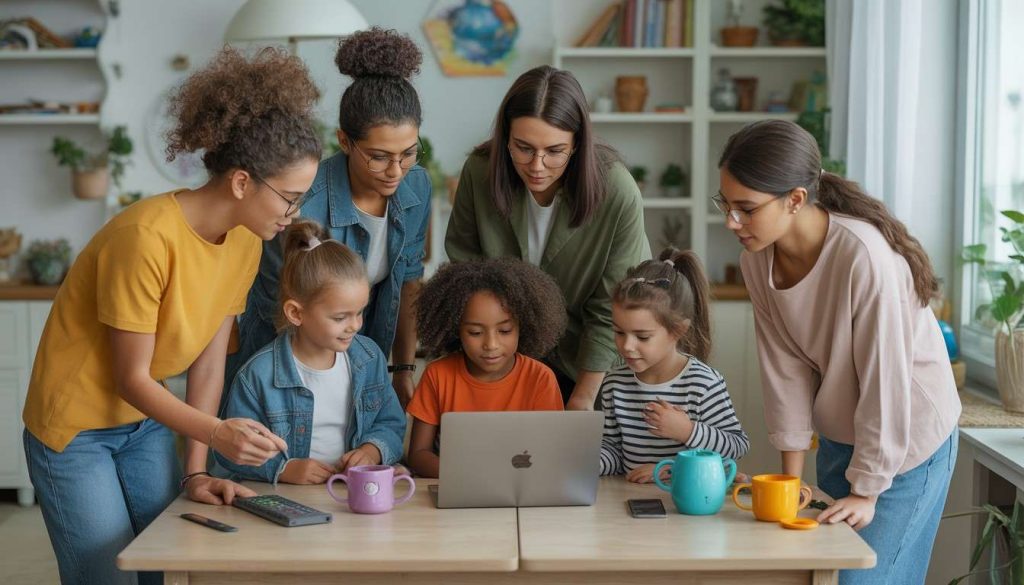Youth tips to teach children computers and AI 2026 shown by young mentors guiding kids using laptops and AI learning tools in a modern classroom