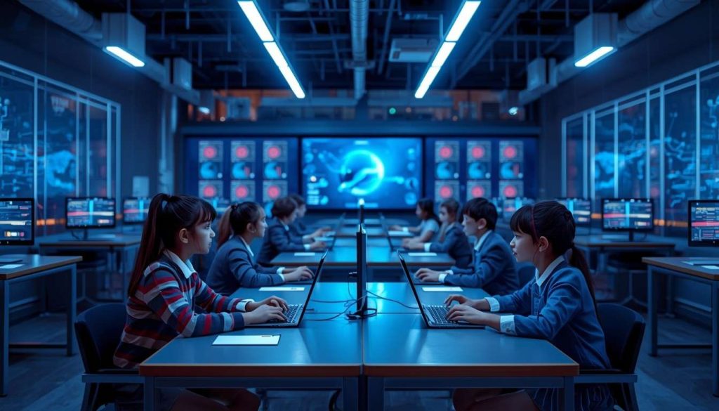 Youth tips to teach children computers and AI 2026 shown by young mentors guiding kids using laptops and AI learning tools in a modern classroom