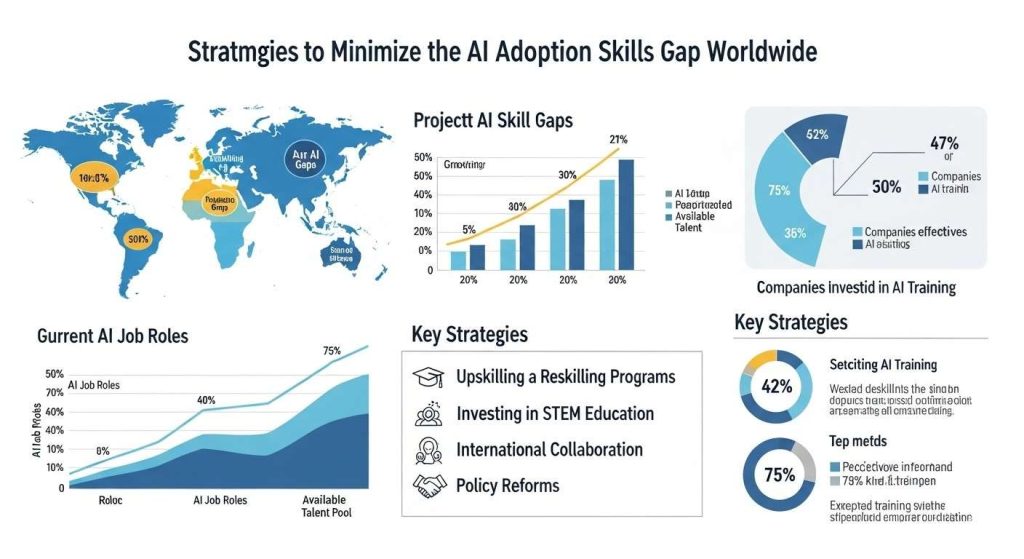 AI adoption skills gap showing workers learning AI tools and improving digital skills