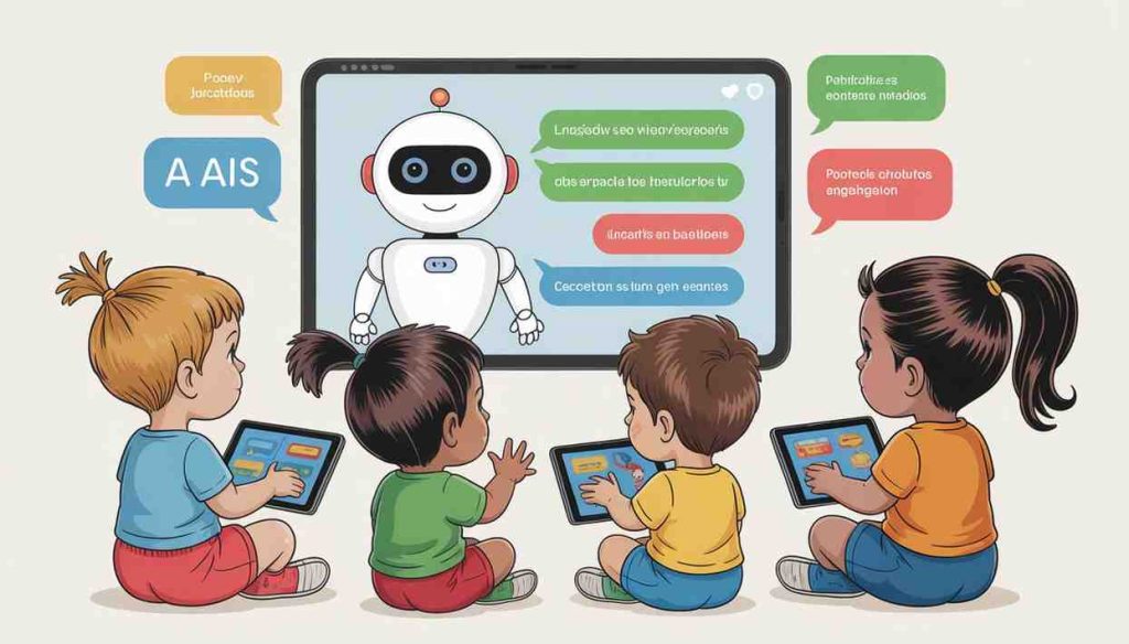 AI tools in early language education helping young students learn Spanish through interactive digital lessons and smart classroom technology.