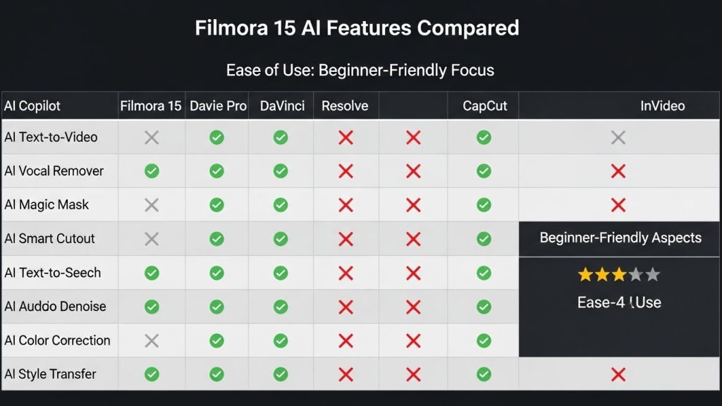 Beginner using AI tools in Filmora 15 to edit a video with automated effects and smart editing features.