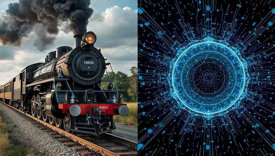 Illustration comparing the steam engine revolution of the 19th century with the future of AI and modern technological transformation.