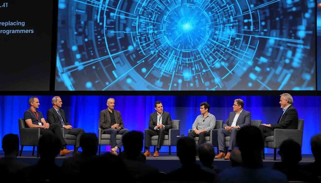 Illustration of AI robot coding on a laptop, representing AI replacing programmers over the next 10 years.