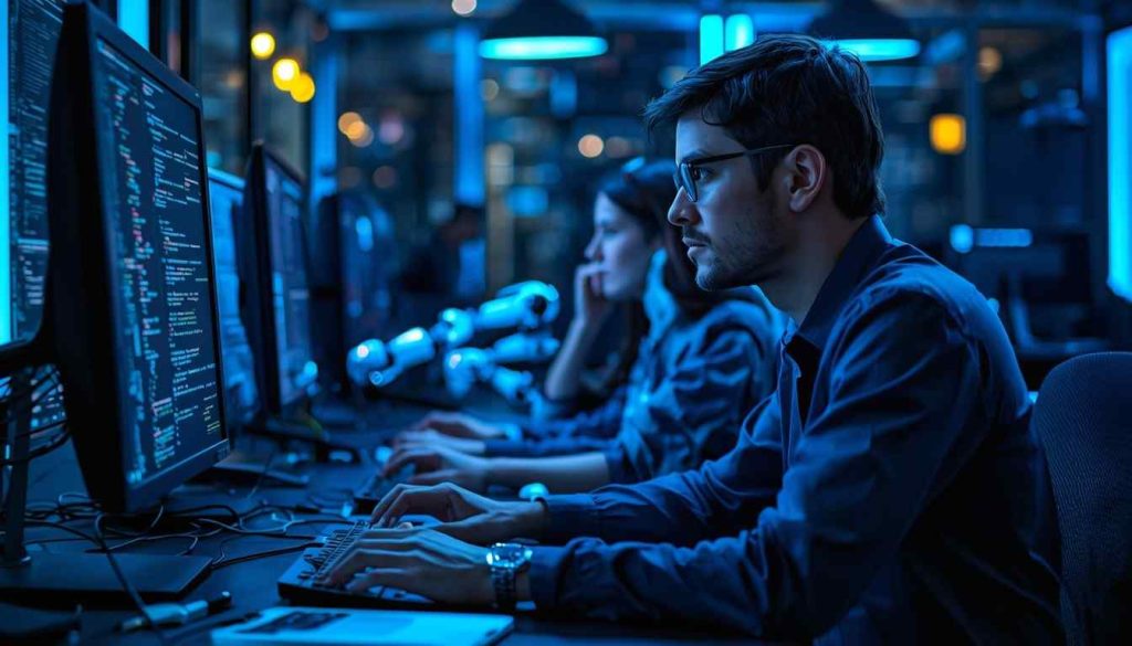 Illustration of AI robot coding on a laptop, representing AI replacing programmers over the next 10 years.