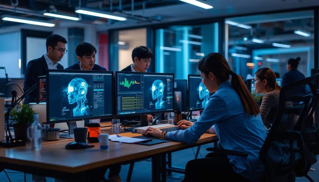 Moonshot AI funding success shown through a futuristic startup workspace with AI developers, rising investment charts, and innovation symbols