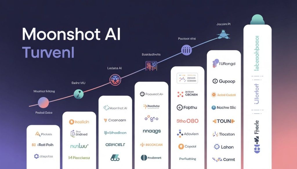 Moonshot AI funding success shown through a futuristic startup workspace with AI developers, rising investment charts, and innovation symbols