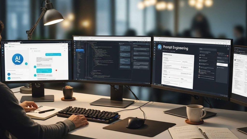 Prompt Engineering 2026 concept showing AI prompts, human-AI interaction, and future-ready skills in modern artificial intelligence.