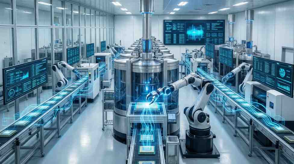 TSMC semiconductor factory with charts illustrating rising AI chip demand and potential market risks.