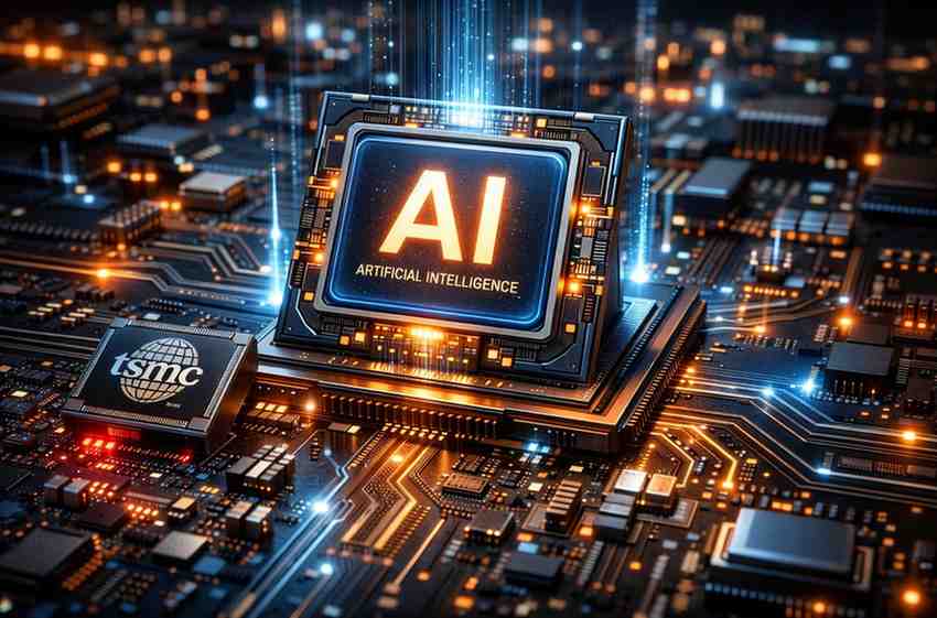 TSMC semiconductor factory with charts illustrating rising AI chip demand and potential market risks.
