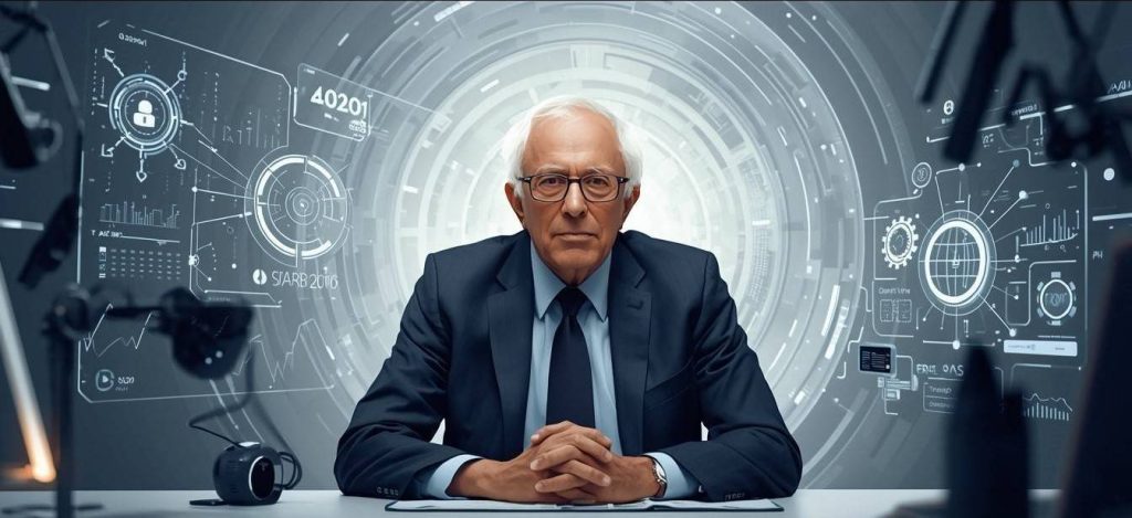 Bernie Sanders AI Technology showing Bernie Sanders using modern AI tools, smart devices, and digital technology in a professional workspace