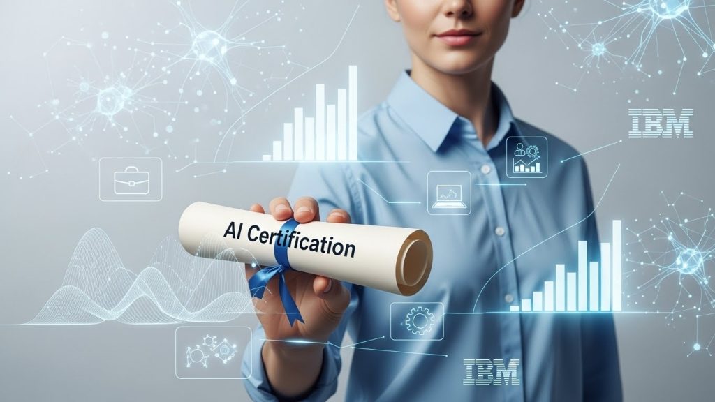 IBM AI certification job market value illustrated through a professional earning an AI certificate with futuristic technology and career growth symbols
