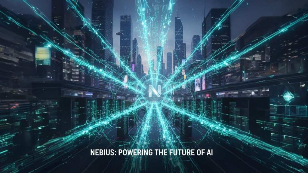 Illustration of Nebius in the next wave of AI showing advanced AI networks and futuristic technology.