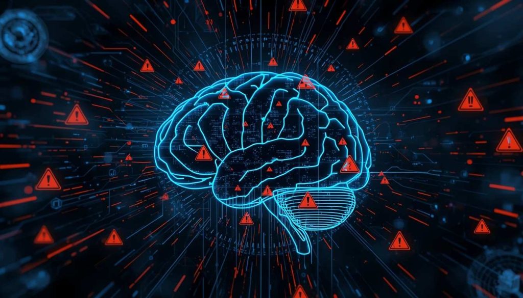 Illustration of algorithmic bias in AI showing a futuristic AI brain with skewed data streams and warning signs, highlighting U.S. government alerts.