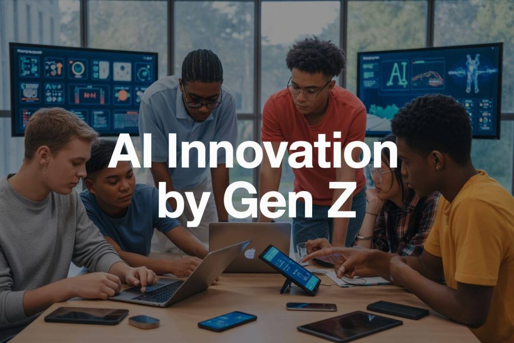 Illustration showing AI technology applications by younger generation, with young innovators using AI tools and futuristic digital interfaces.