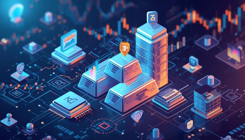 Illustration showing rising silver prices and AI hardware costs, including silver ingots, computer chips, and GPUs in a futuristic data center setup.