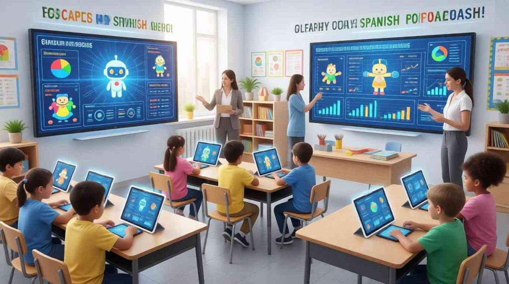 AI tools in early language education helping young students learn Spanish through interactive digital lessons and smart classroom technology.