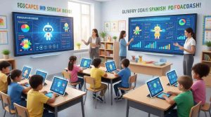 AI tools in early language education helping young students learn Spanish through interactive digital lessons and smart classroom technology.