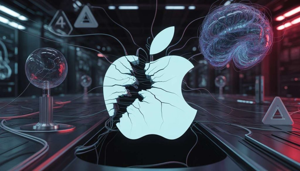 Apple AI failure illustrated by a cracked Apple logo surrounded by broken neural networks and glitching artificial intelligence elements