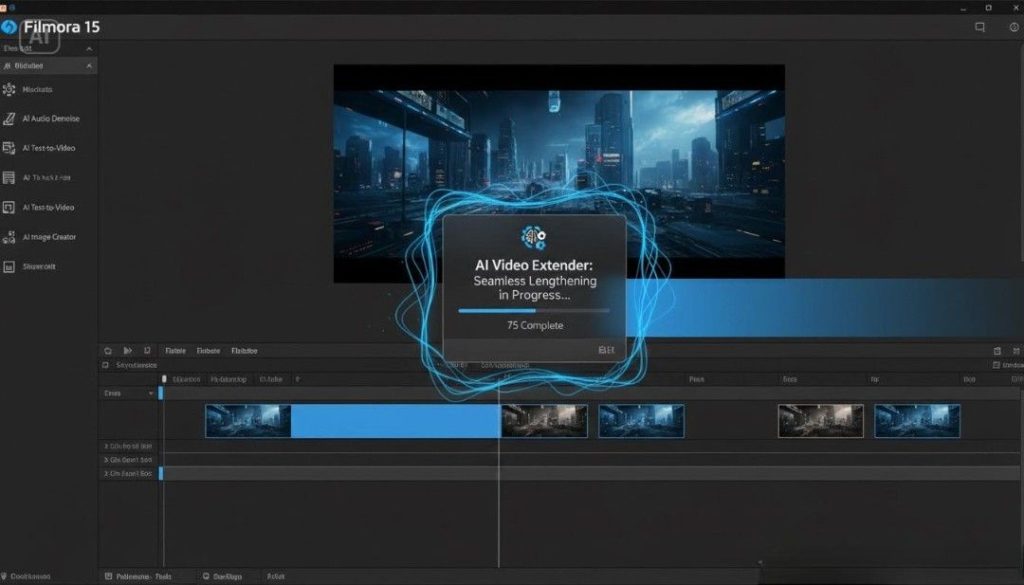 Beginner using AI tools in Filmora 15 to edit a video with automated effects and smart editing features.