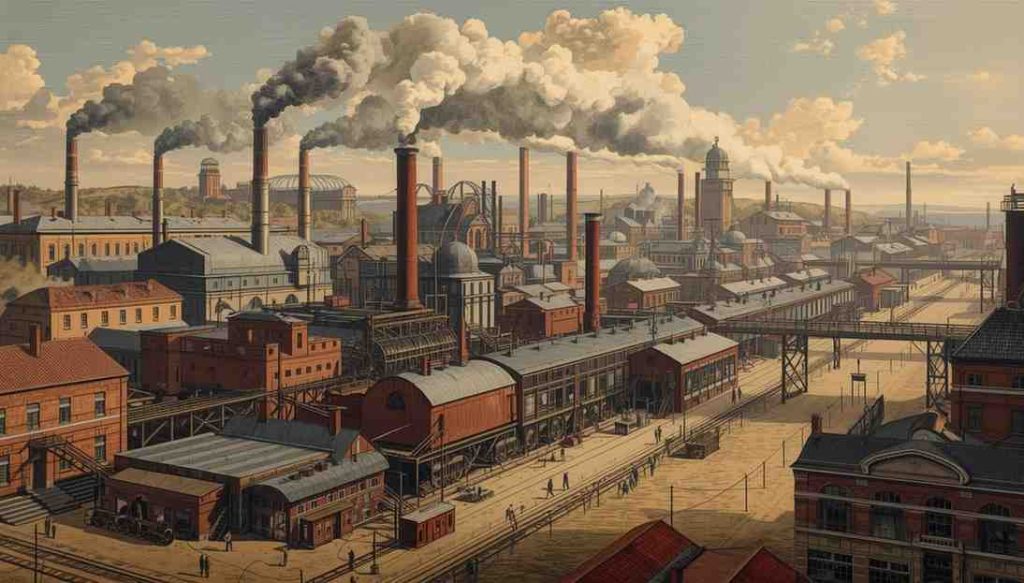 Illustration comparing the steam engine revolution of the 19th century with the future of AI and modern technological transformation.