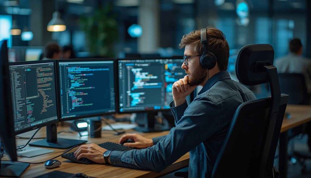 Illustration of AI robot coding on a laptop, representing AI replacing programmers over the next 10 years.