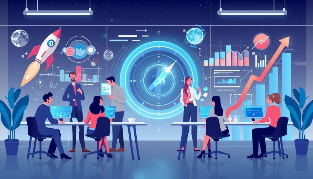 Moonshot AI funding success shown through a futuristic startup workspace with AI developers, rising investment charts, and innovation symbols