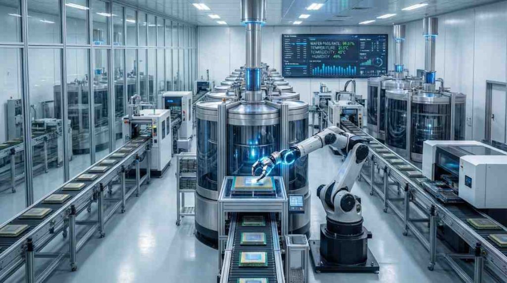 TSMC semiconductor factory with charts illustrating rising AI chip demand and potential market risks.